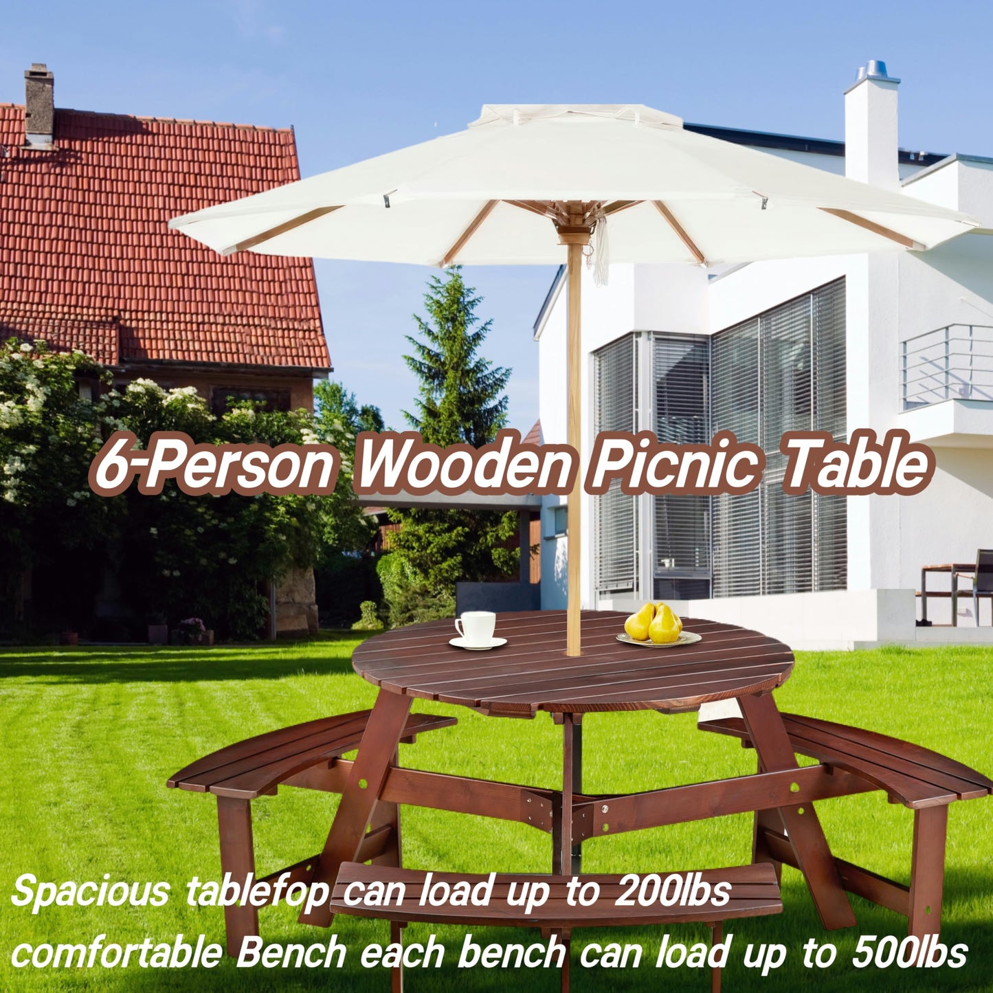 Royard Oaktree 6 Person Wooden Picnic Table, Outdoor Round Picnic Table with 3 Built-in Benches and Umbrella Hole, Outside Table and Bench Set for Backyard, Garden, Porch, Patio, Brown