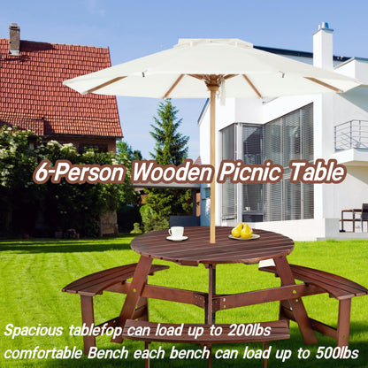 Royard Oaktree 6 Person Wooden Picnic Table, Outdoor Round Picnic Table with 3 Built-in Benches and Umbrella Hole, Outside Table and Bench Set for Backyard, Garden, Porch, Patio, Brown