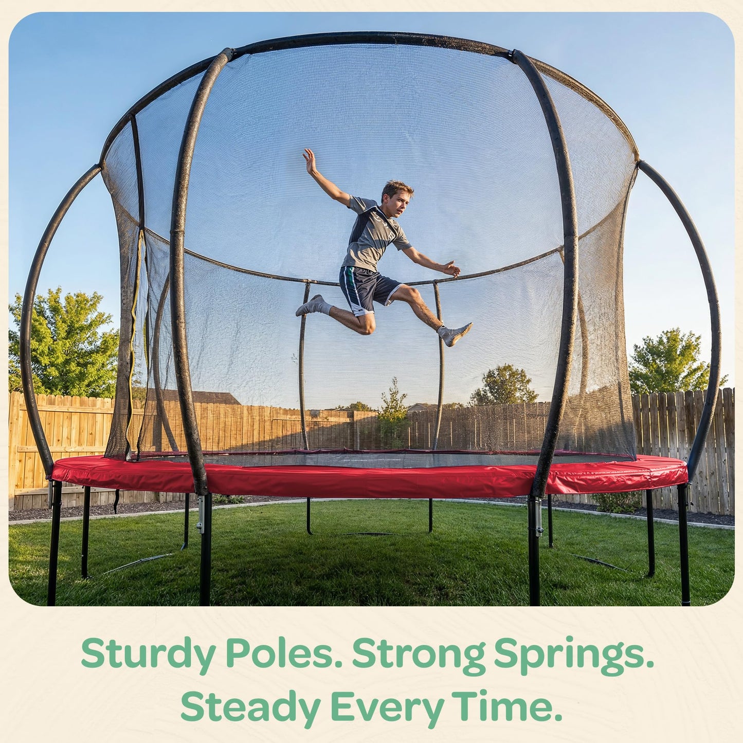 JoyBerri Trampoline Outdoor - Upsurge ASTM Certified Safe 8Ft 10Ft 12Ft 14Ft 15Ft 16Ft Recreational Trampoline for Kids and Adults. Anti-Rust Coating with Enclosure Net, Ladder, Sprinkler & LED Lights