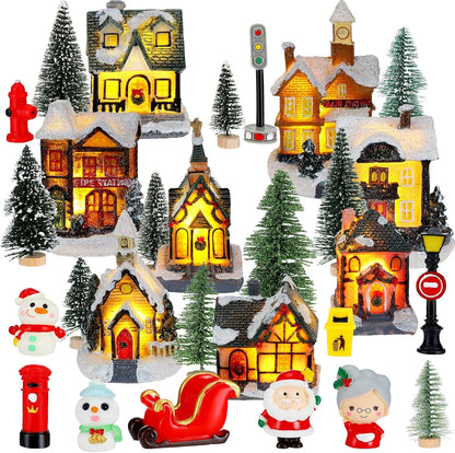 29 Set Woanger Pieces Christmas Village LED Lighted Houses for Christmas Village Xmas Scene Figurines Decoration