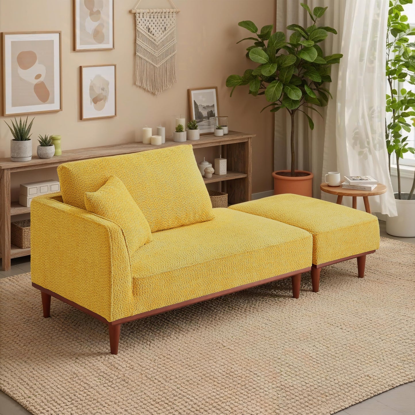 KEIKI 73" Upholstered Chaise Lounge Chair Indoor, Left-Hand Facing Long Chaise with Ottoman, Reading Lounge for Small Space Bedroom or Living Room, Yellow