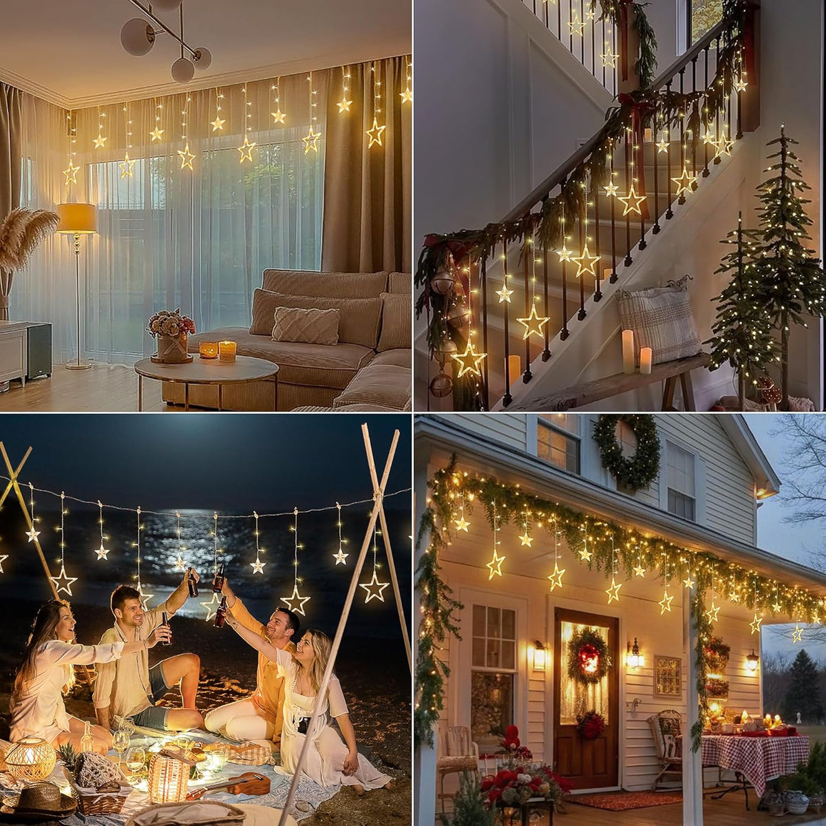 126L 8.2FT 8 Warm White Star Icicle Lights, Clear Curtain Fairy String with Connectable, Timer Modes Memory, Waterproof