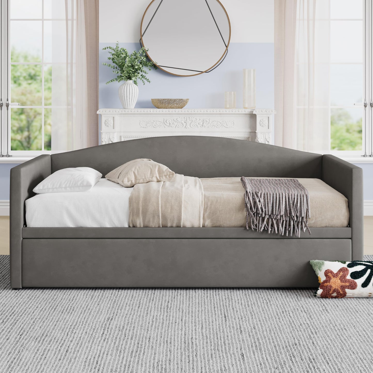 Merax Twin Size Velvet Daybed with Extended Pop Up Trundle, Upholstered Sofa Bed Daybed, Space-Saving Twin to King Design for Guest Room, Mattress not Included, Gray