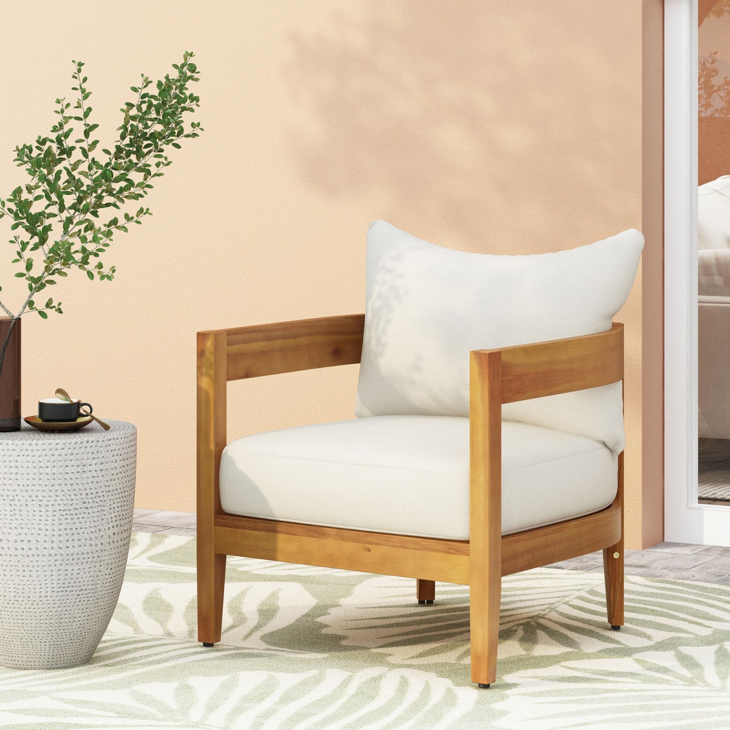 Christopher Knight Home Nadine Outdoor Accent Chair, Acacia Wood Club Chair, Tub Shape Design Armchair, Comfort Cushions Seating, Slat Open Back Reading Sofa for Balcony Backyard Garden, Teak+Beige