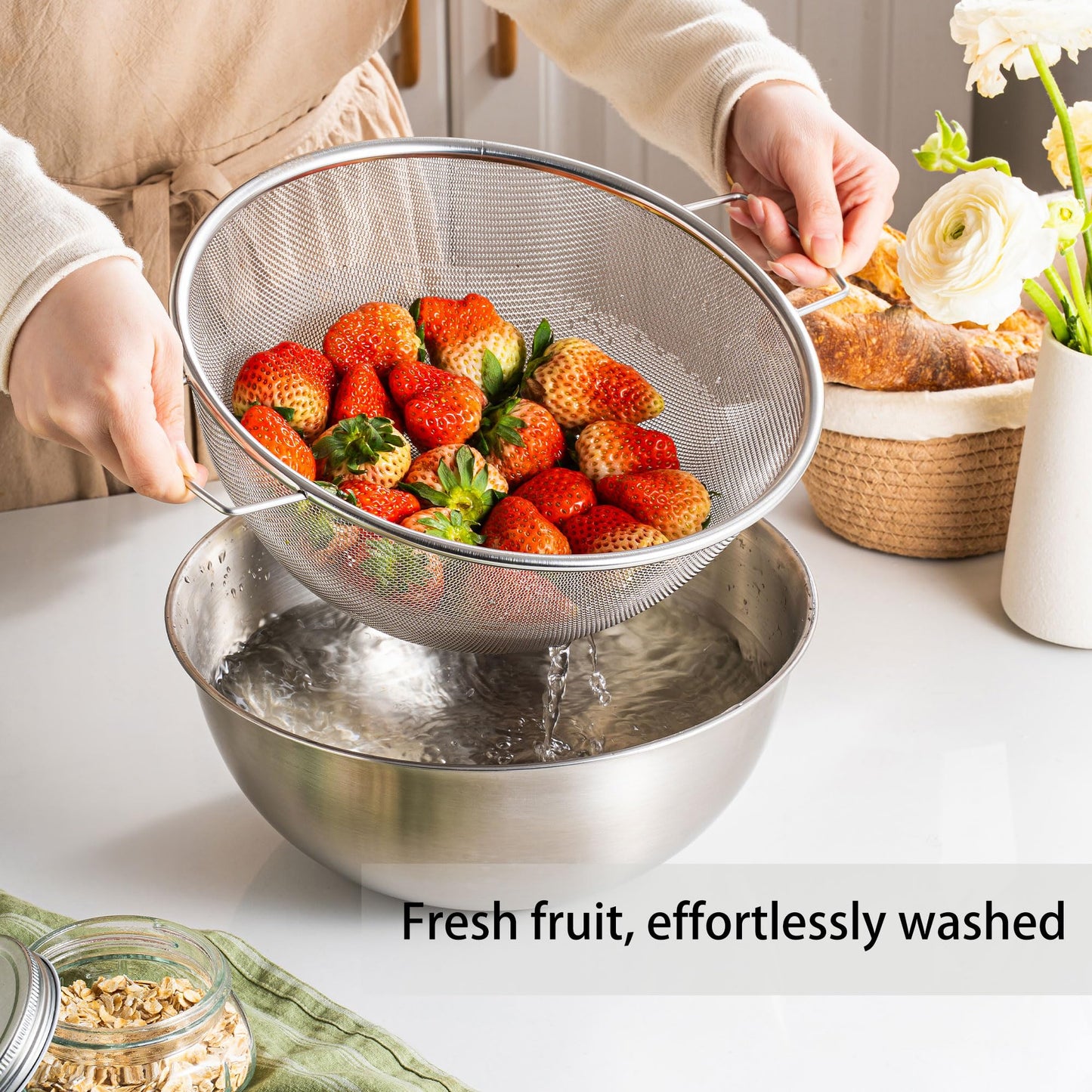 304 Stainless Steel Kitchen Colander Set, 3.5QT Colander with Handle and Bowl, 40 Mesh Fine Strainer, Fast Draining for Rice, Pasta, Fruits & Vegetables, Dishwasher Safe