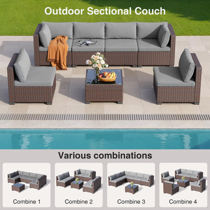 Qsun 7 Pieces Outdoor Patio Furniture Set, PE Rattan Outdoor Wicker Sectional Furniture Sofa Set, with Cushions and Glass Coffee Table, for Balcony, Porch, Garden, Grey