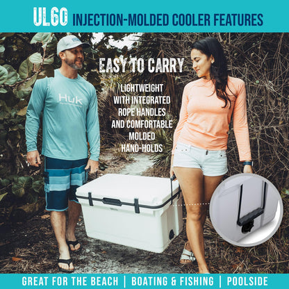 ENGEL 60 QT Ultra-Light Injection Molded Cooler - Ice Chest Keeps Ice up to 7 Days - Large Cooler Includes Wire Basket, Divider and Built-in Bottle Opener - White with Dark Grey Interior (White)