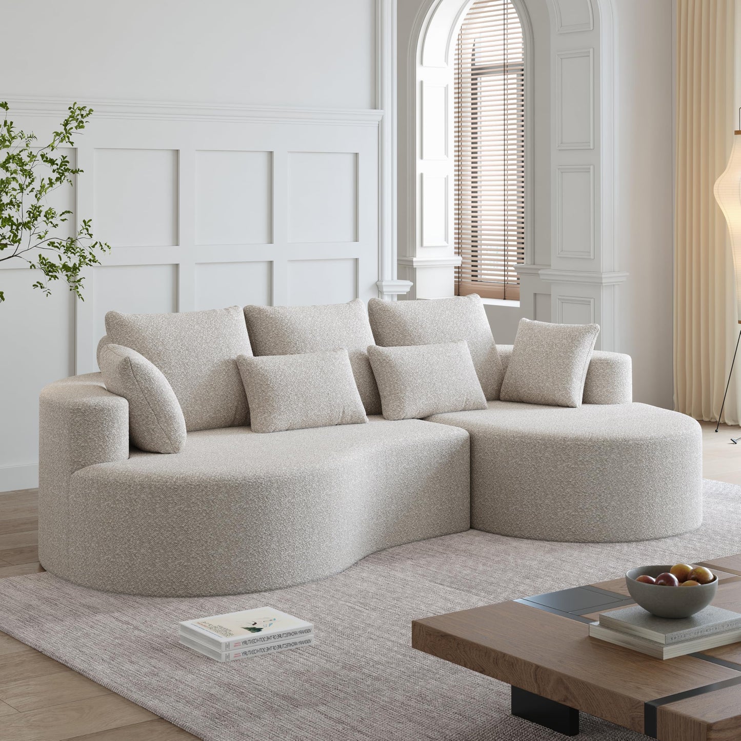 KEIKI 105" Chenille Corner Sofa with Chaise, Curved Sectional Couch, L Shaped Deep Seat Sectional Couch for Living Room, Bedroom, Beige