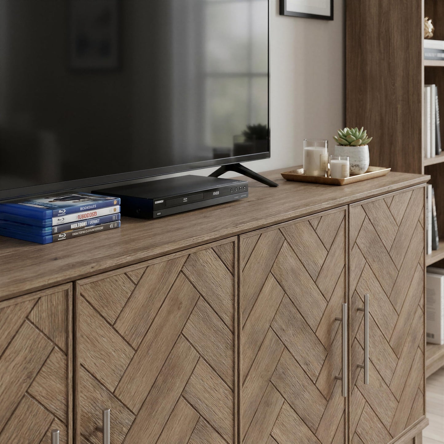 Lab Cosi 62.9" Sideboard Buffet Cabinet with Storage, Herringbone Wood Credenza with 4 Doors, Wood Coffee Bar Table Console for Hallway, Dining Room, Living Room, Kitchen