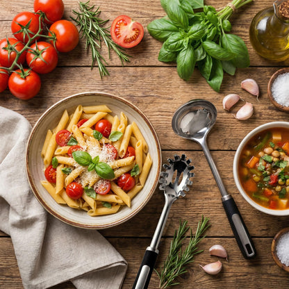 Stainless Steel Ladle and Pasta Server Set, Food-Grade Thickened Metal Soup Ladle & Spaghetti Spoon with Non-Slip Handles, Durable Cooking Utensils for Pasta, Soup & Everyday Kitchen Use
