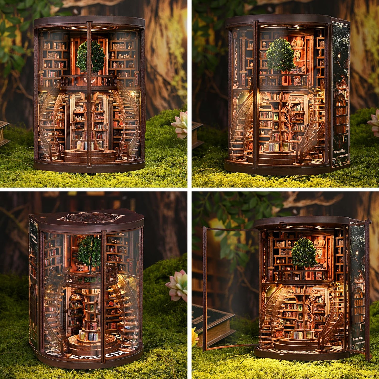 DIY Book Nook Kit with LED Light, Miniature Dollhouse, 3D Wooden Puzzle, Bookshelf Insert Decor Craft Gift (Wisdom Rings Book Repository)
