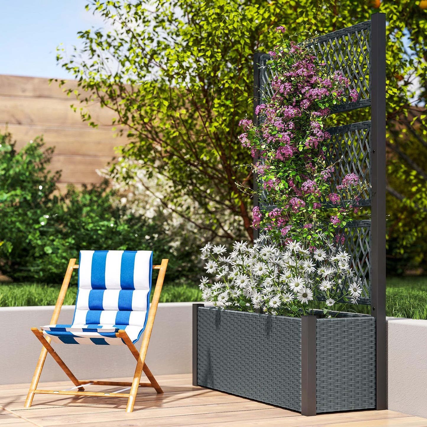 Outsunny Wicker Outdoor Planter with Trellis, 58" Standing Raised Garden Bed with Liner, Drainage Holes, Privacy Screen Planter Box for Climbing Plants, Flowers, Dark Grey