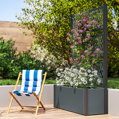 Outsunny Wicker Outdoor Planter with Trellis, 58" Standing Raised Garden Bed with Liner, Drainage Holes, Privacy Screen Planter Box for Climbing Plants, Flowers, Dark Grey