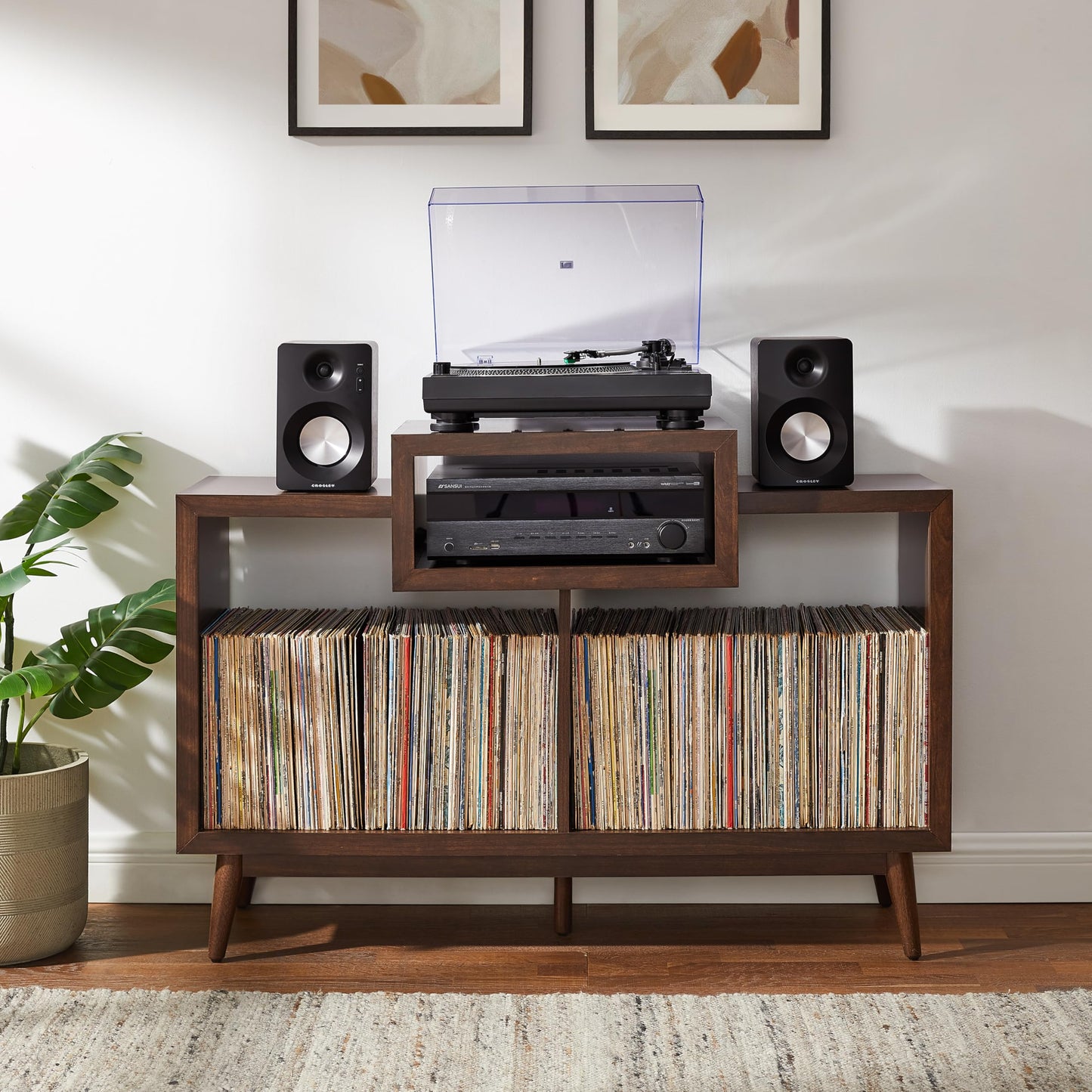 Crosley Furniture Nashville Mid Century Modern Console Record Player Stand, Stores Up to 220 Vinyl Records, Medium, Brown