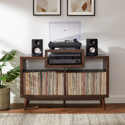Crosley Furniture Nashville Mid Century Modern Console Record Player Stand, Stores Up to 220 Vinyl Records, Medium, Brown
