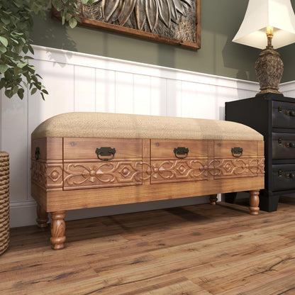 Deco 79 Wood Floral Room Storage Bench Intricately Carved Entryway Bench with Cream Burlap Top, Bench 47" x 16" x 20", Brown
