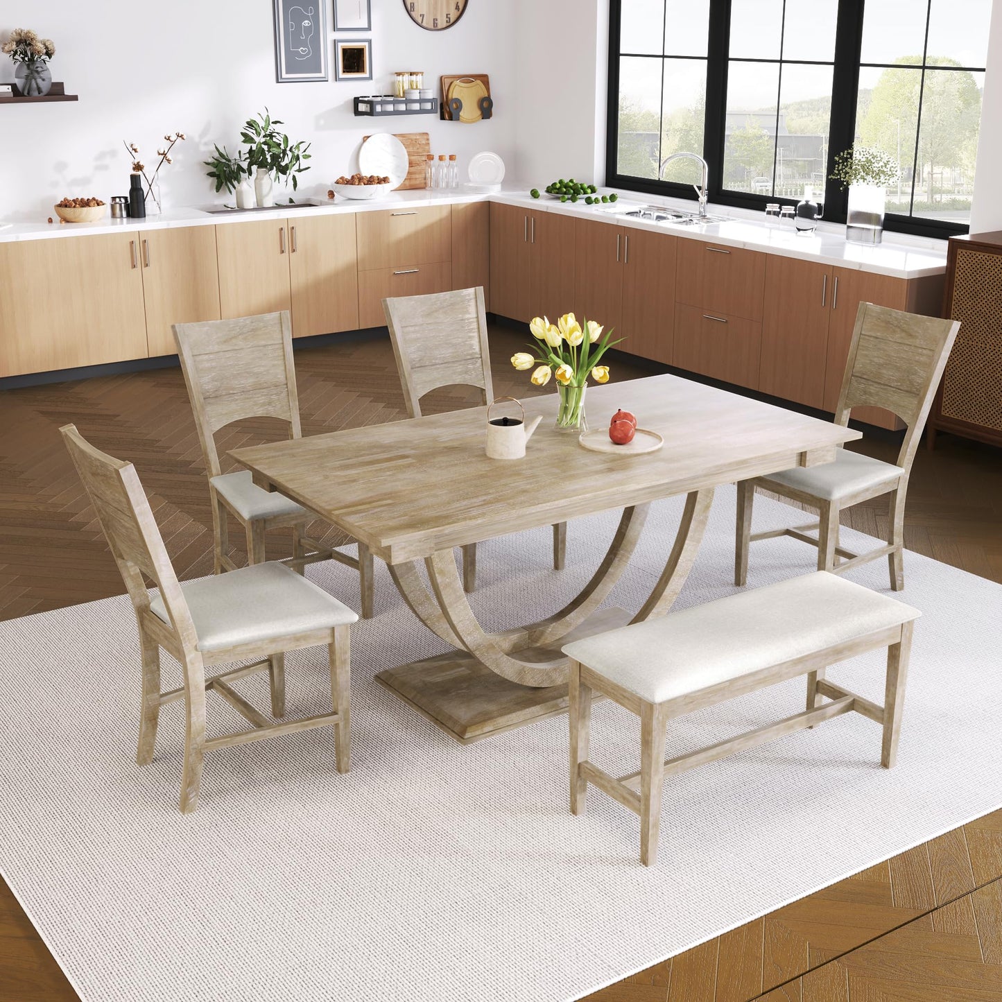 Merax 6-Piece Wood Half Round Dining Table Set Kitchen Table Set with Long Bench and 4 Dining Chairs,Modern Style,Natural