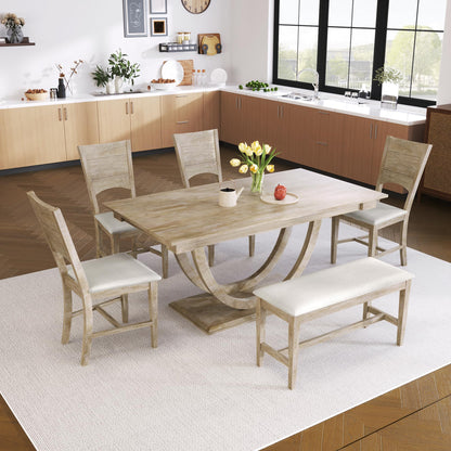 Merax 6-Piece Wood Half Round Dining Table Set Kitchen Table Set with Long Bench and 4 Dining Chairs,Modern Style,Natural