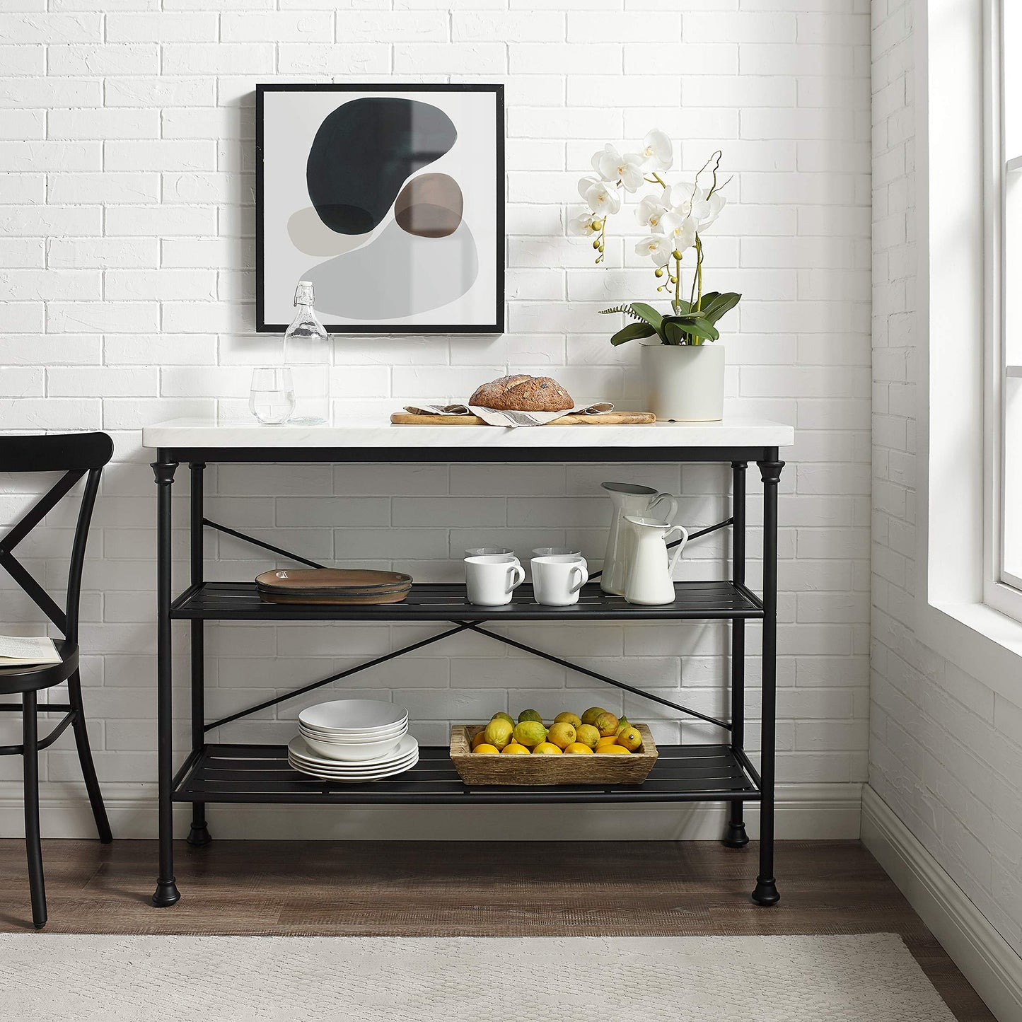 Crosley Furniture Madeleine Sofa Console Table with Storage Shelves for Hall, Entryway, or Living Room, Steel with Faux Marble Top