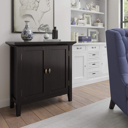 SIMPLIHOME Redmond Storage Cabinet - 32 inch Wide Solid Wood 2-Shelf Low Storage Cabinet in Hickory Brown, Transitional Accent Cabinet for Entryway with Adjustable Shelves and Tapered Legs