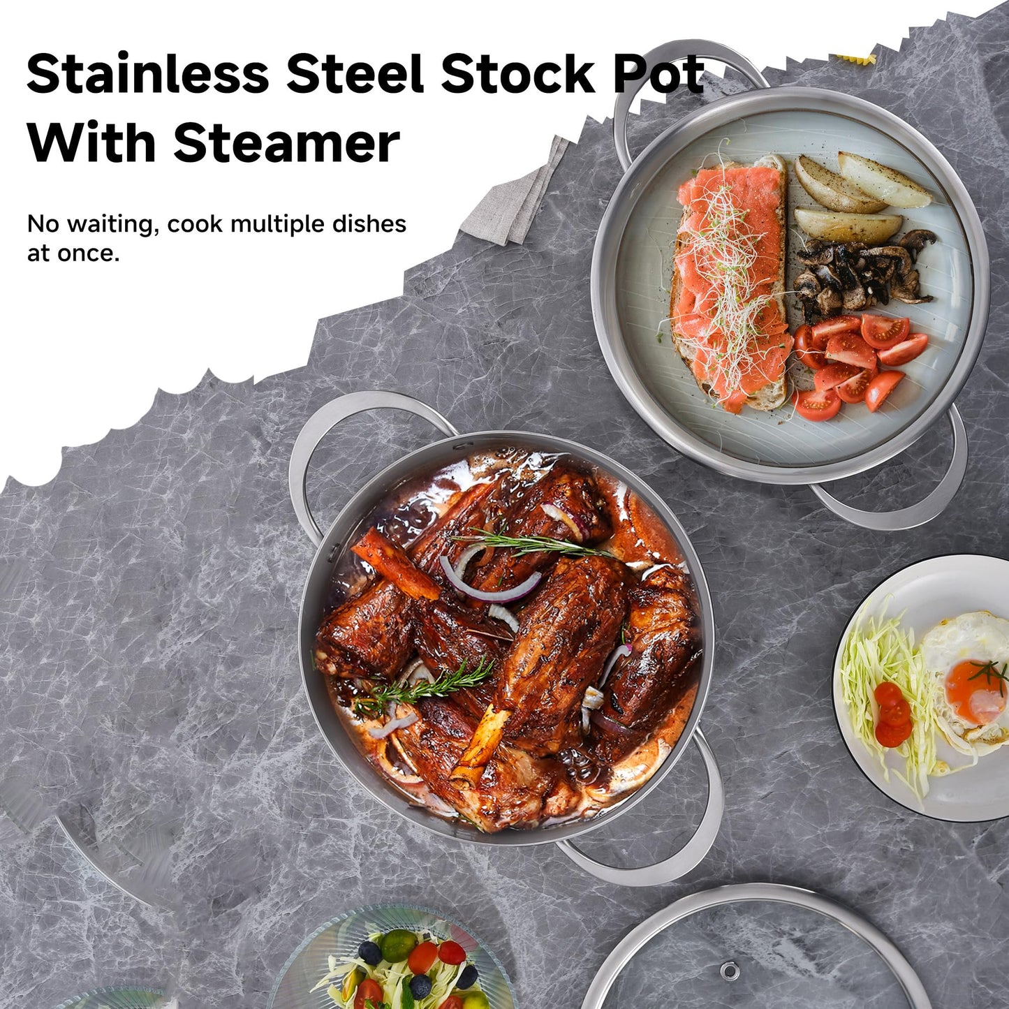 LOLYKITCH 5 Quart Stainless Steel Steamer Pot with Glass Lid, 3-Ply Steaming Pot for Cooking, 2 Tier Induction Steamer Pot for Tamales Seafood Vegetables Dumplings Stock Pot, Thick