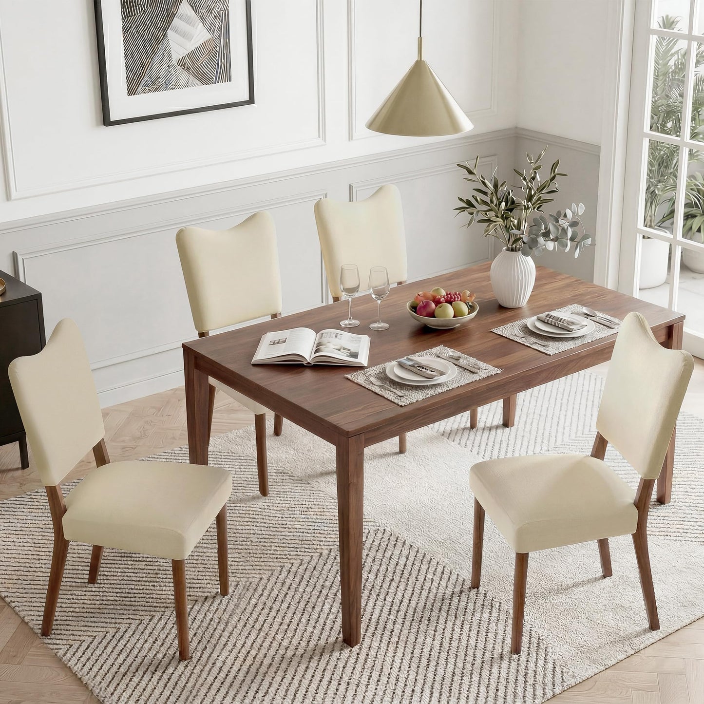 KISLOT Upholstered Dining Chairs Set of 4, Modern Velvet Kitchen Chairs with Solid Wood Legs, High Back Wooden Dining Room Chairs with Dark Walnut Color Legs for Farmhouse Kitchen Dining Room, Linen