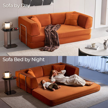 LINSY HOME Sofa Bed Couch - Convertible Boneless Couch Bed with 2 Pillow (Orange)