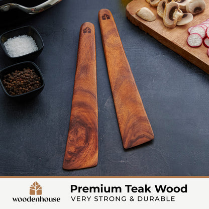 Wooden Spatula for Cooking Set of 2-12 Inch Teak Spatula for Non Stick Frying Pan - Turner & Flipper for Cast Iron, Egg & Pancake Scraper - BPA Free & Heat Resistant Wooden Cooking Utensils