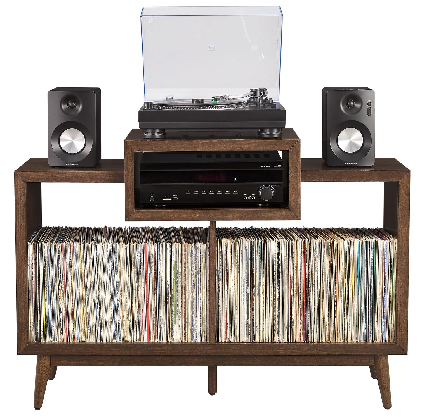 Crosley Furniture Nashville Mid Century Modern Console Record Player Stand, Stores Up to 220 Vinyl Records, Medium, Brown