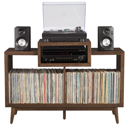 Crosley Furniture Nashville Mid Century Modern Console Record Player Stand, Stores Up to 220 Vinyl Records, Medium, Brown