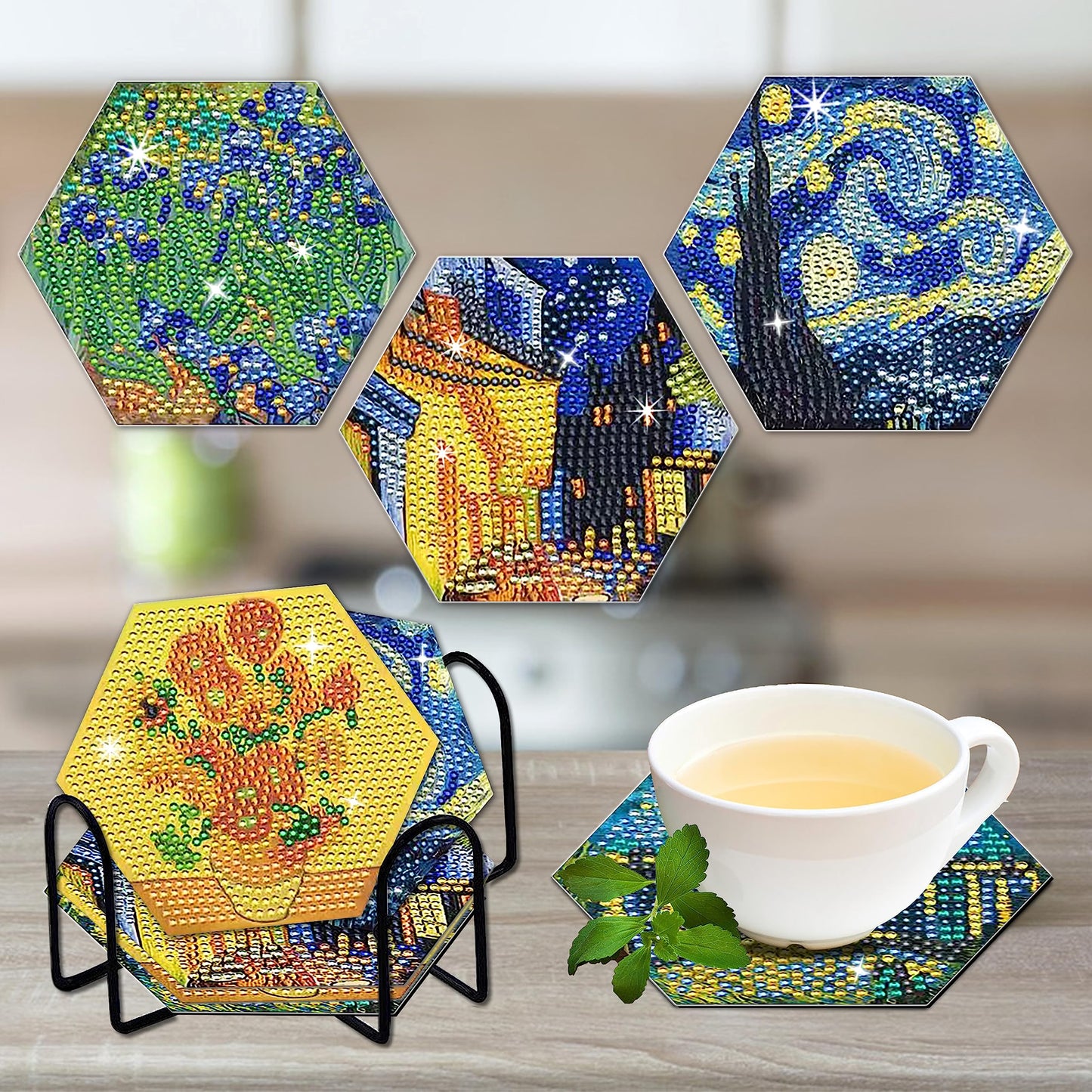 NUFTVI Van Gogh Diamond Painting Coasters Kit with Holder, 5D Full Crystal Diamond Art Coasters Kit for Adults. 6 PCS