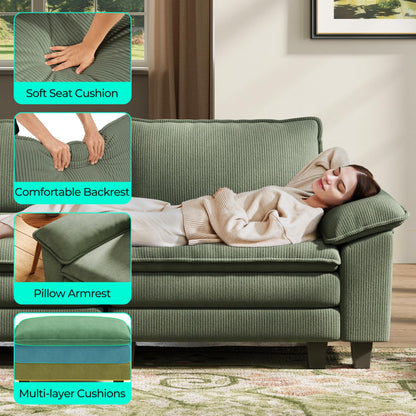 LINSY HOME 123'' Modular Sectional Sofa Green Couch Corduroy Cloud Couches for Living Room, L Shaped Couch with Movable Ottoman, Modern Cloud Sectional Sofas for Bedroom and Apartment, Green