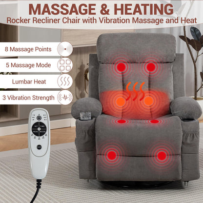 WINVO Rocker Recliner, Glider Recliner Chairs for Adults, 360° Swivel Recliner Chair w/Massage and Heating, Nursery Chair with Rocking Function, Side Pocket, Cup Holders for Living Room, Bedroom, Grey