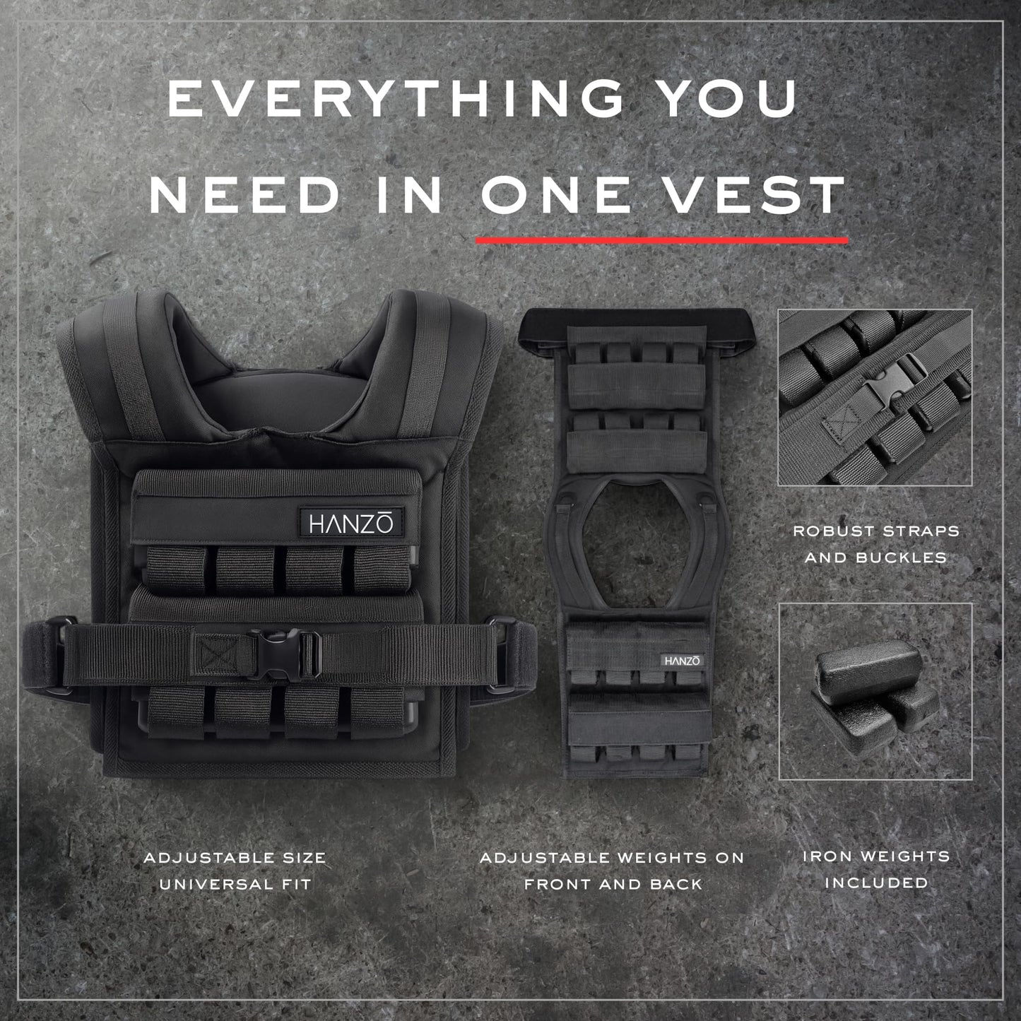 HANZO Weighted Vest for Men - Rucking & Strength Training Vest 25lbs–65lbs, Weight Vest With Removable Iron Weights, Adjustable Heavy Duty Weighted Workout Vest for Calisthenics & Fitness Training, Rucking Vest