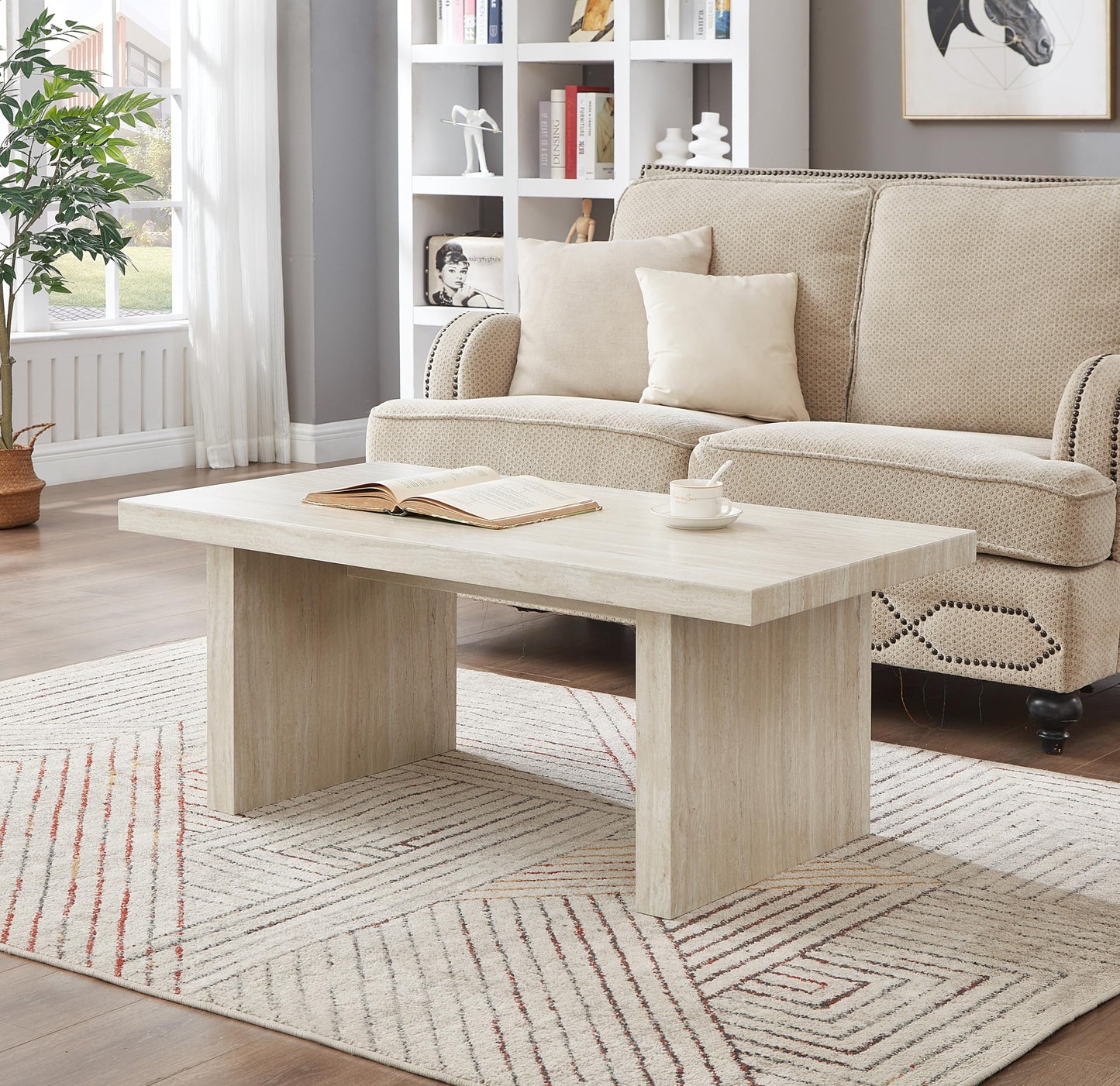 Roundhill Furniture Cavira 3-Piece Faux Marble Coffee Table Set, Coffee Table and Two Side Tables, Beige