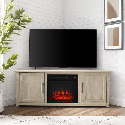 Crosley Furniture Camden Corner Fireplace TV Stand for 65+ inch TVs, Entertainment Center with Storage Shelves, Frosted Oak