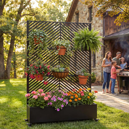 KEIKI 73"x47"x16" Planter Trellis Box with Wheels & Drain Plug, Outdoor Resin Raised Garden Bed for Climbing Plants, Large Weather-Resistant Design, Black