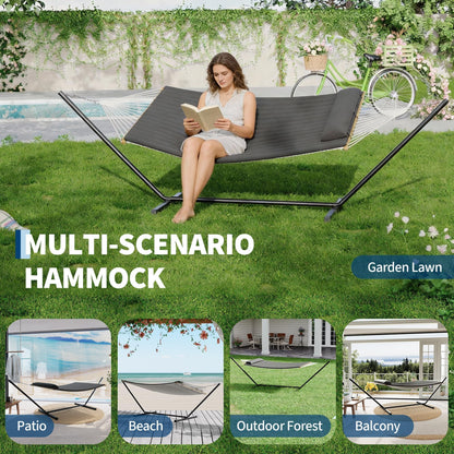 Heavy Duty 2 Person Double Hammock with Portable Adjustable Steel Stand, Outdoor Hammock with Pillow for Patio, Garden, Beach, Backyard Camping