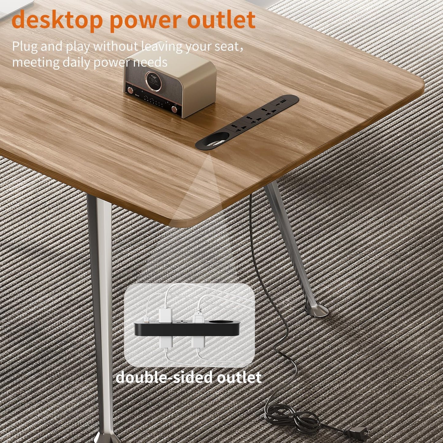 Writing Computer Desk, 60-Inch Large Executive Desk Office Workstation with Chrome-Plated Legs and Built-in Power Outlet, Writing Table Business Furniture, Modern Minimalist Style for Home Office