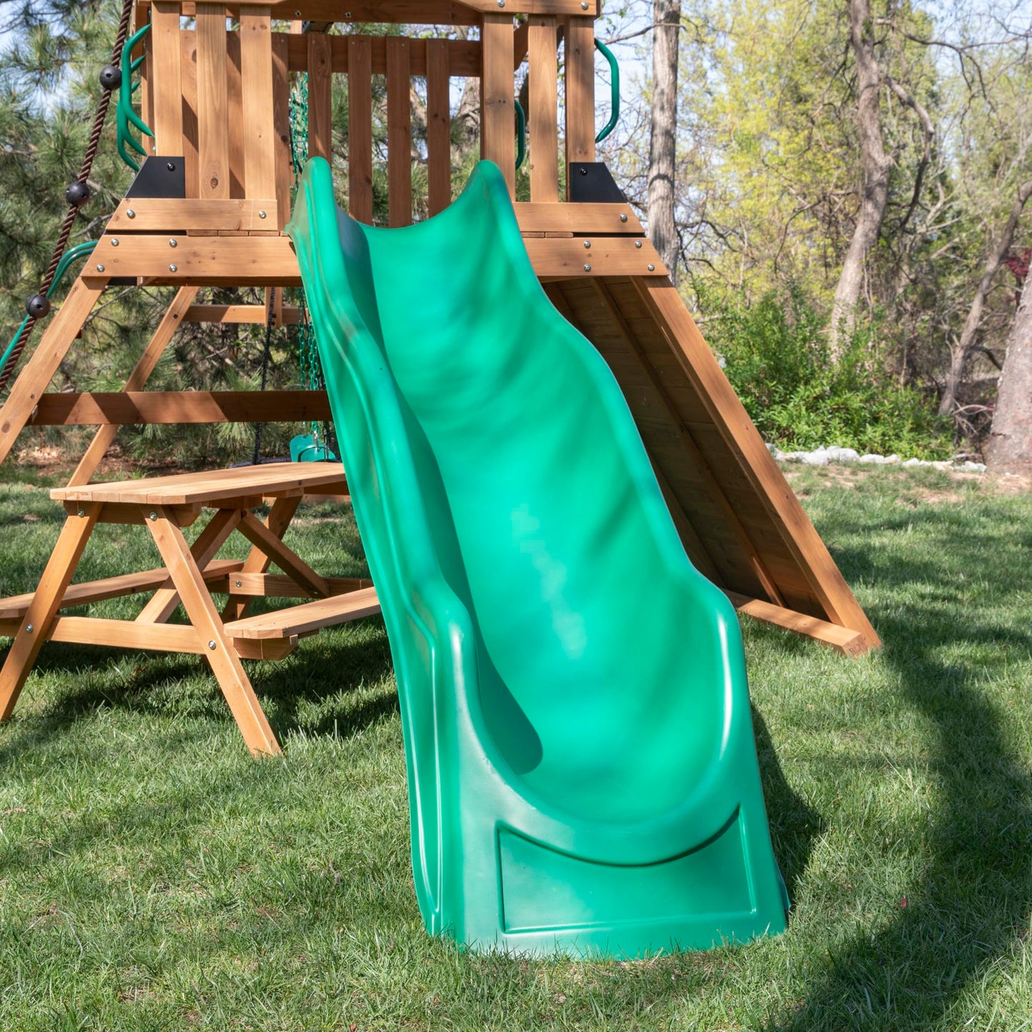 Backyard Discovery Endeavor II Cedar Wood Swing Set with Wave Slide, Play Deck, Double Rock Wall, Picnic Table, Climbing Wall, Belt Swings, Web Swing, Toy Telescope, Step Ladder, Outdoor Playset