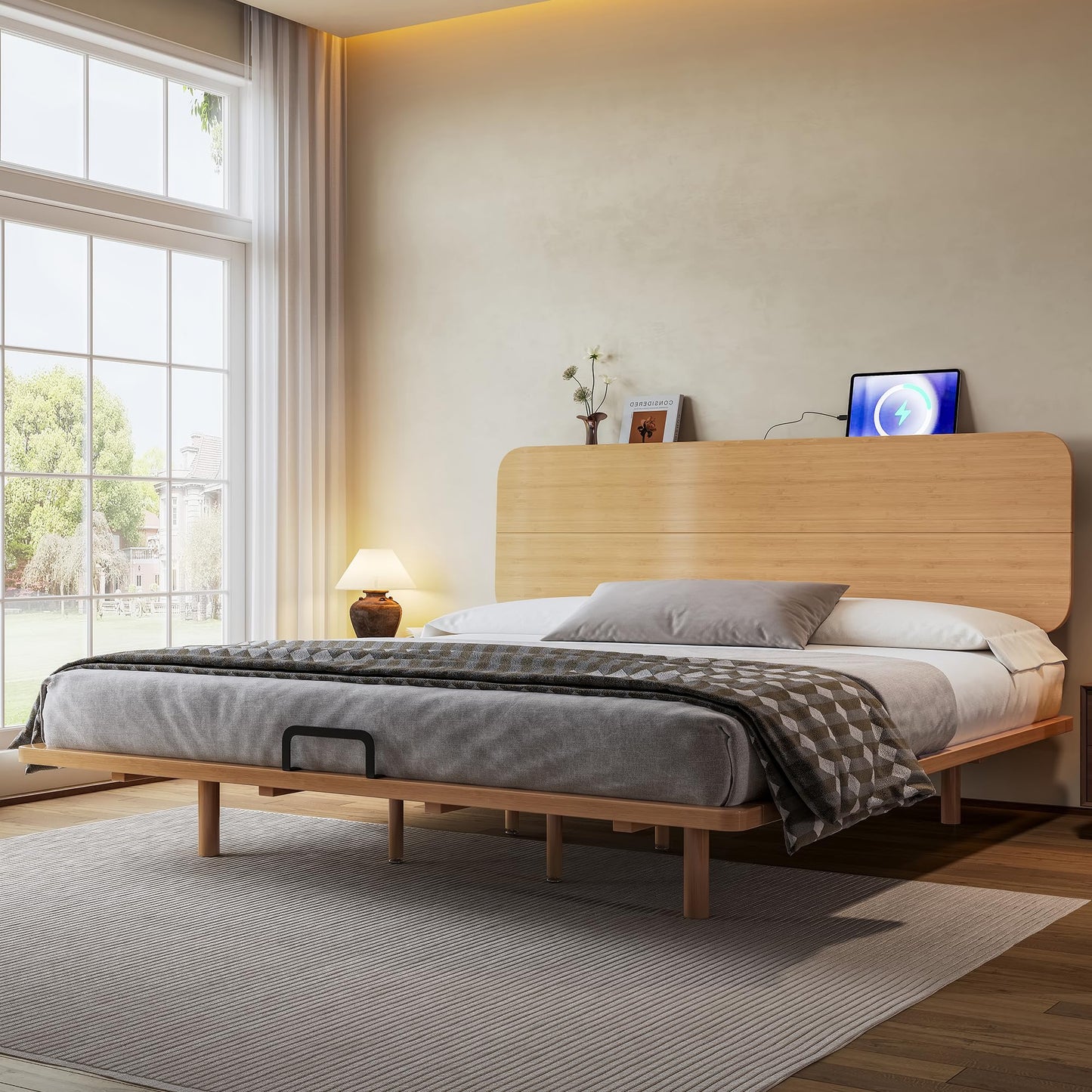 KEIKI King Size Bamboo Platform Bed with Headboard and USB Ports, Mid-Century Modern Floating Bed Frame with Solid Support Slats, No Box Spring Needed, Easy Assembly, Noise Free, for Bedroom, Natural