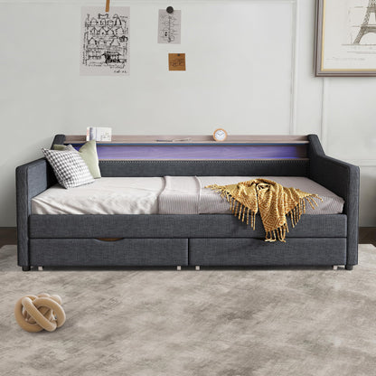Ball & Cast Twin Size Daybed with Storage,Linen Upholstered Day Bed with 2 Drawers, Daybed Frame with USB Port and Smart LED Light,Wood Slat Support,No Box Spring Needed,Dark Grey