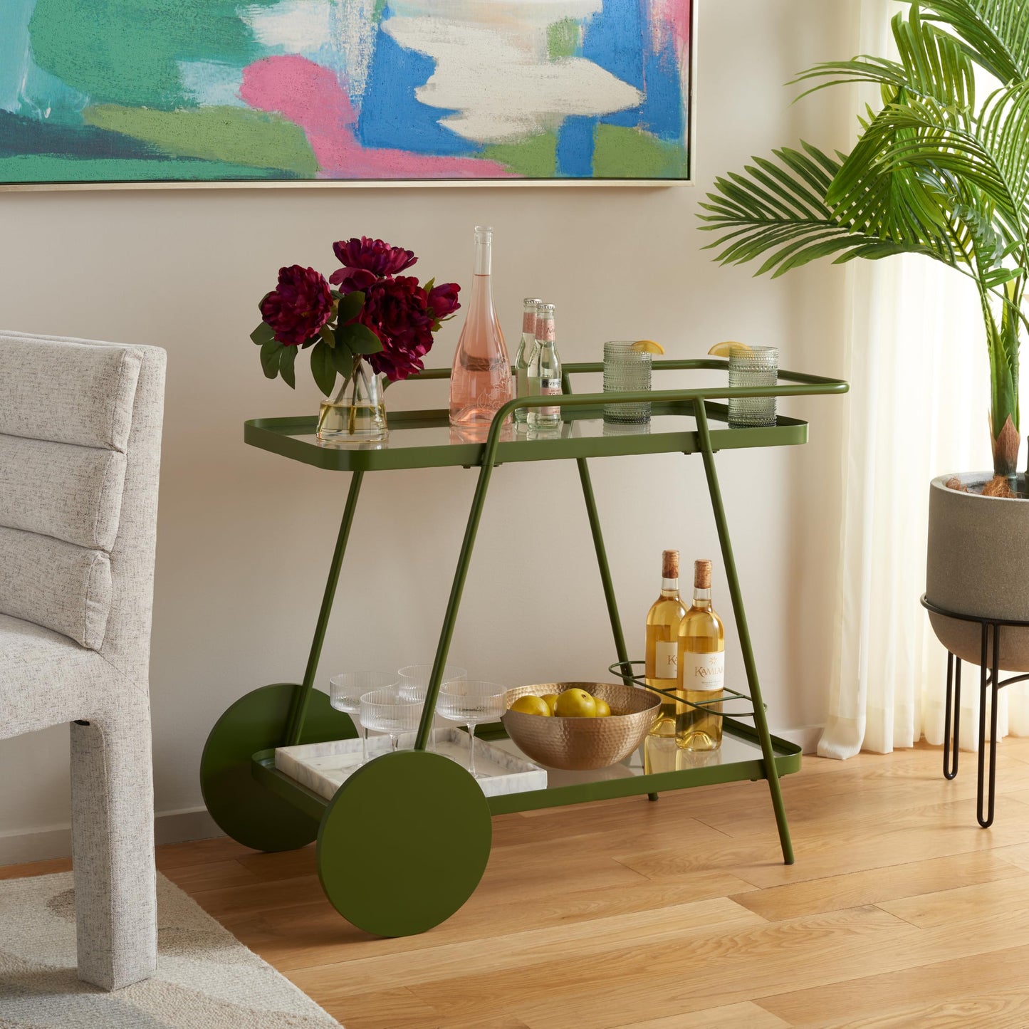 SAFAVIEH Home Collection Zunia Green/Clear Glass 2-Tier Bar Cart with Wheels