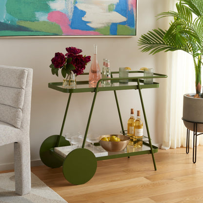 SAFAVIEH Home Collection Zunia Green/Clear Glass 2-Tier Bar Cart with Wheels