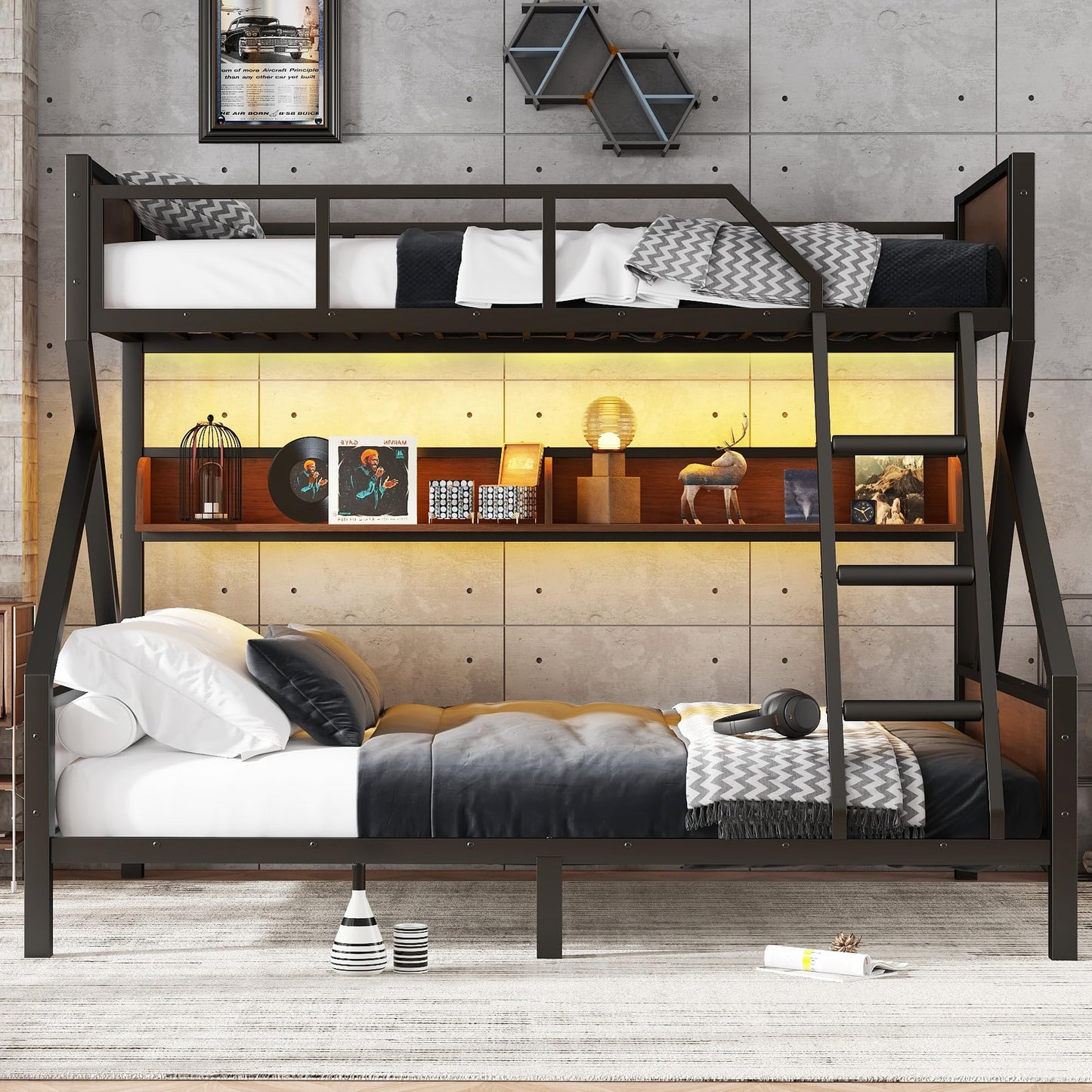 Bellemave Twin XL Over Queen Bunk Bed with Storage Shelf and RGB LED Lights, Adults Bunk Bed with Angle Padded Ladder, Heavy Duty Bunk Beds with Noise-Reducing Rubber Stoppers, Black
