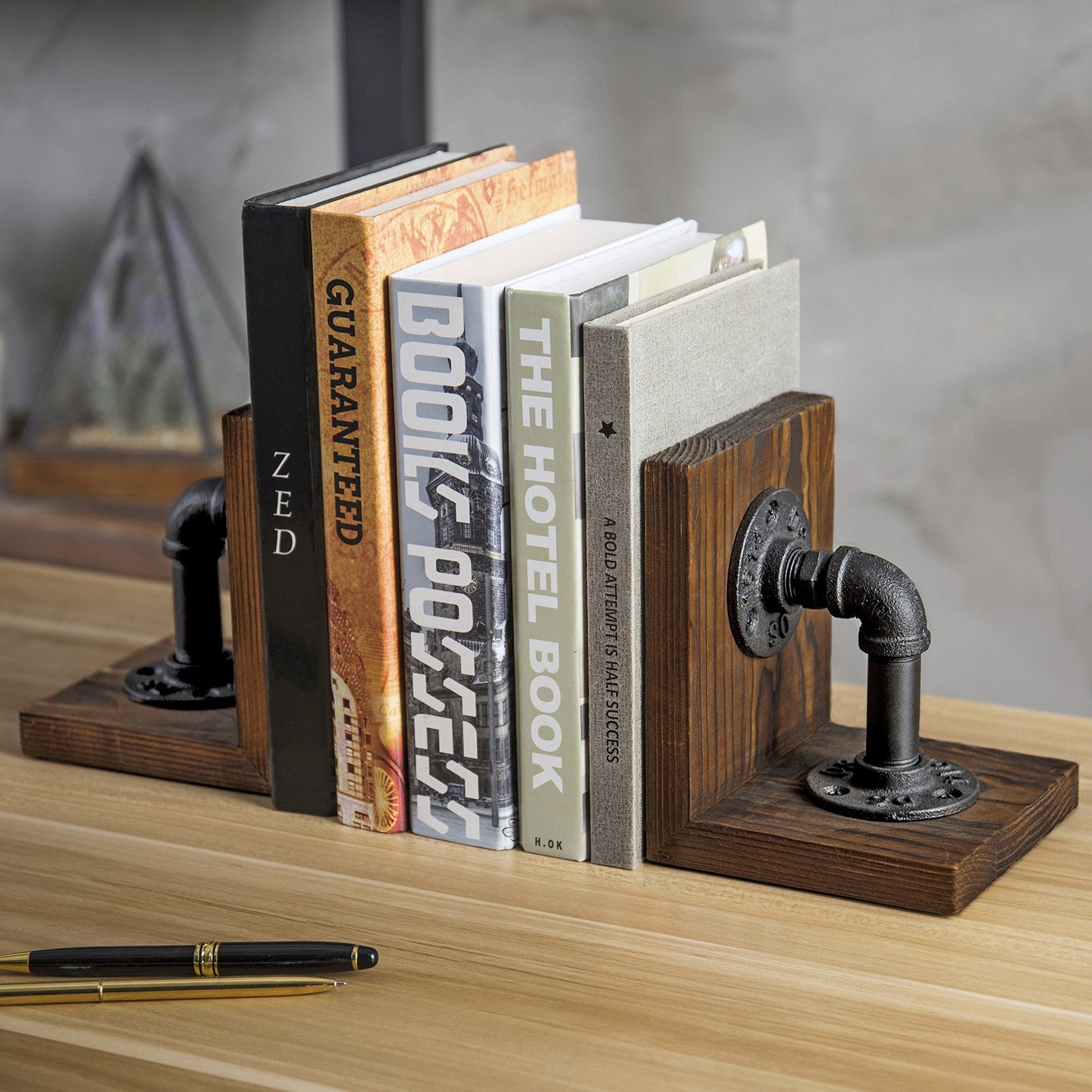 MyGift Book Ends, Decorative Bookends, Heavy Duty Book Holders for Shelves, Rustic Wood with Realistic Industrial Pipe Design,Unique Ideas for Father's Day, Christmas