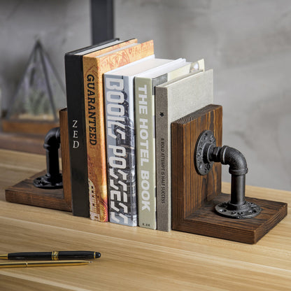 MyGift Book Ends, Decorative Bookends, Heavy Duty Book Holders for Shelves, Rustic Wood with Realistic Industrial Pipe Design,Unique Ideas for Father's Day, Christmas