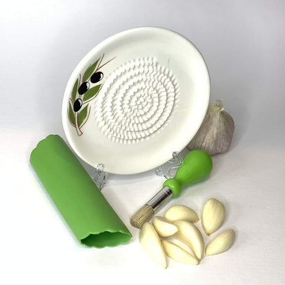 BonCera, All-in-one Premium Ceramic Garlic Grater Plate 4-Piece Set - White Olive Design, Classic Style - For Garlic, Ginger, Chocolate, and more! - Comes with 5.25" Plate, Peeler, Brush, and Stand