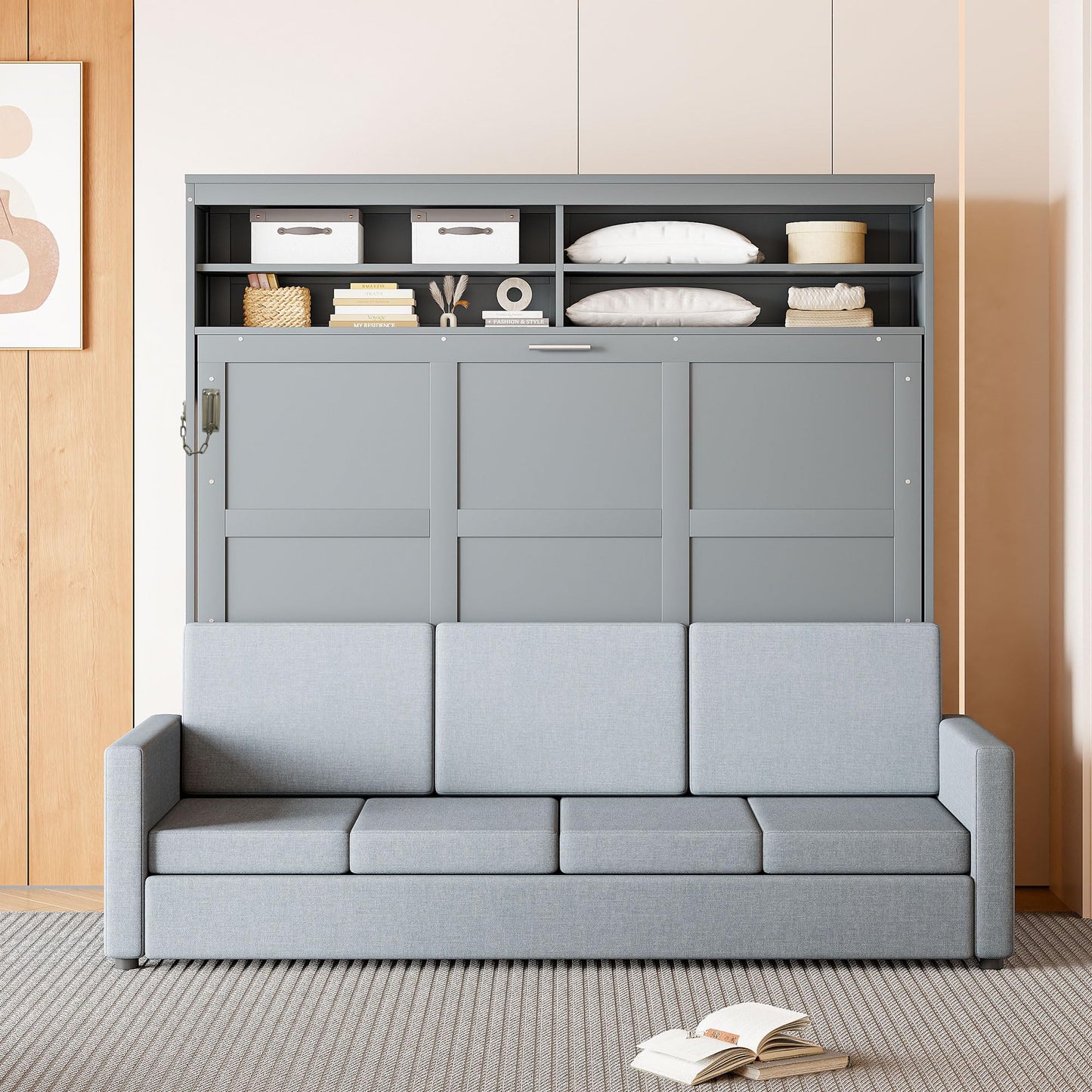 Merax Queen Size Murphy Cabinet Bed with Sofa, Wood Folding Murphy Bed with Open Shelves, Space-Saving Wall Bed for Guest Room and Home Office