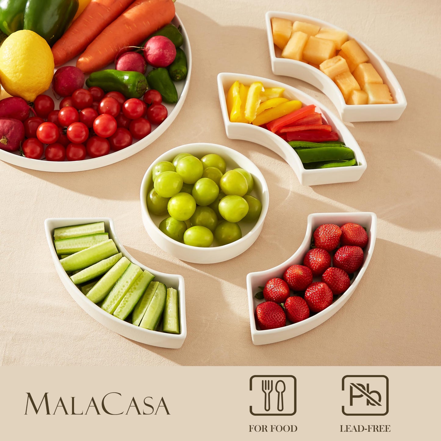 MALACASA Porcelain Divided Serving Dishes, Appetizers Tray, Serving Tray for Party - Perfect for Chips and Dip, Fruit, Veggies, Candy and Snacks, Divided Serving Platter, Relish Tray, White